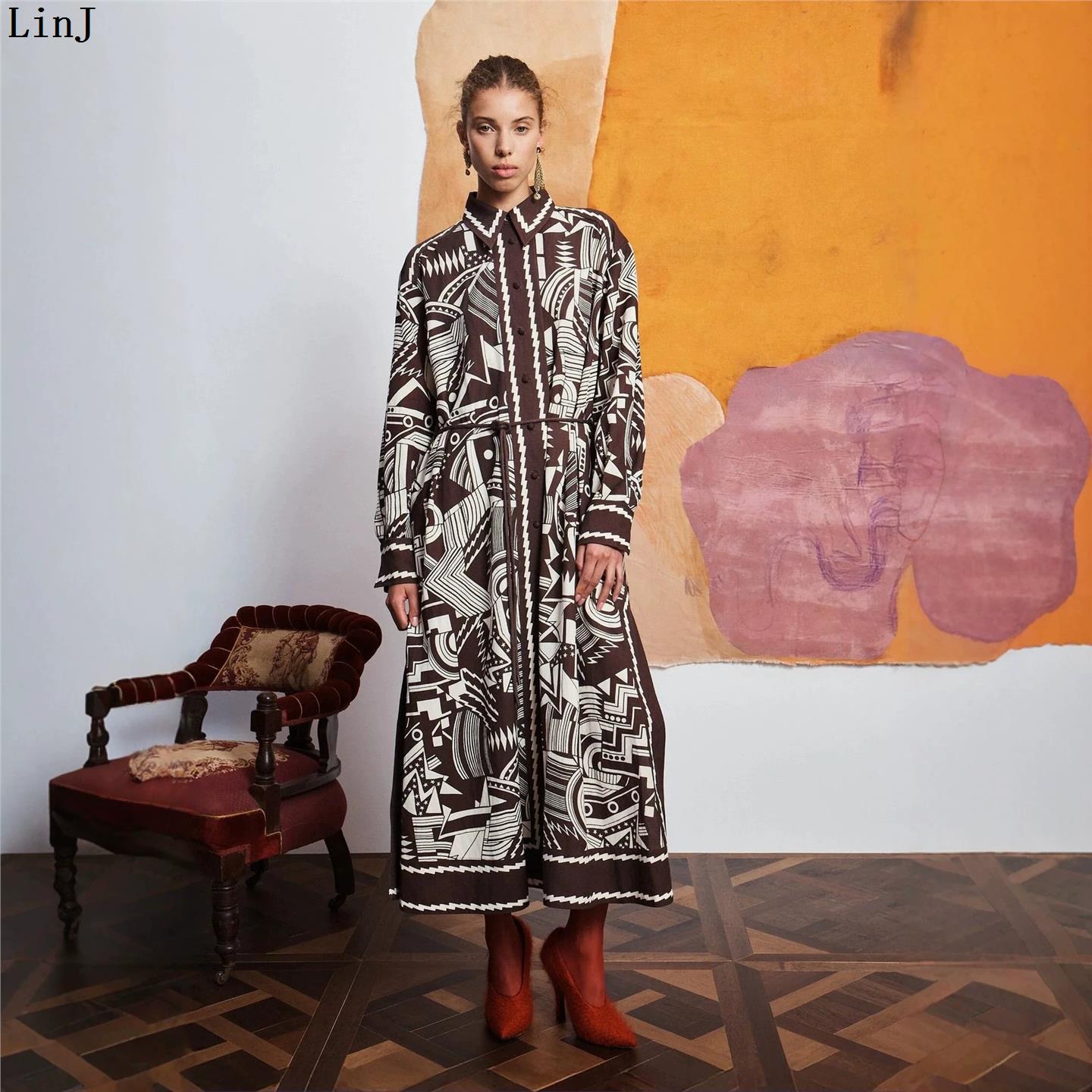 Belted Shirt Dress - Damen-Freizeitkleid mit langen Ärmeln und Gürtel,