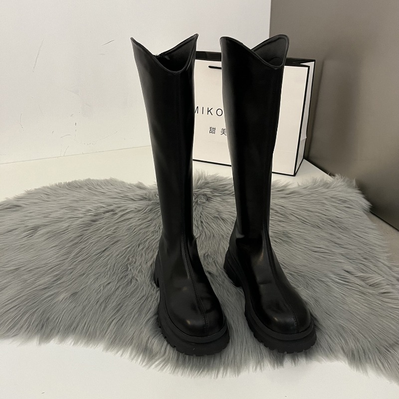 Women'S Fashion Leather Boots - Retro Einfarbige Stiefel Damen Kniehohe Stiefel