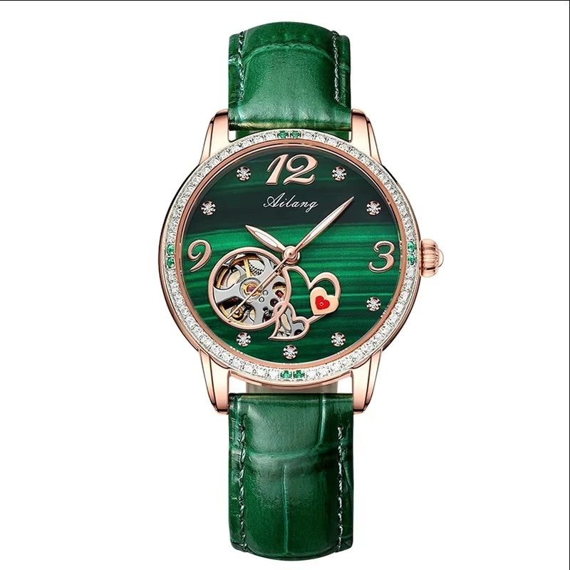 Women'S Fashion Digital Watch - AILANG Luxus-Damen-Skelett-Automatikuhr, grünes Zifferblatt, Diamant-Akzente, leuchtend,