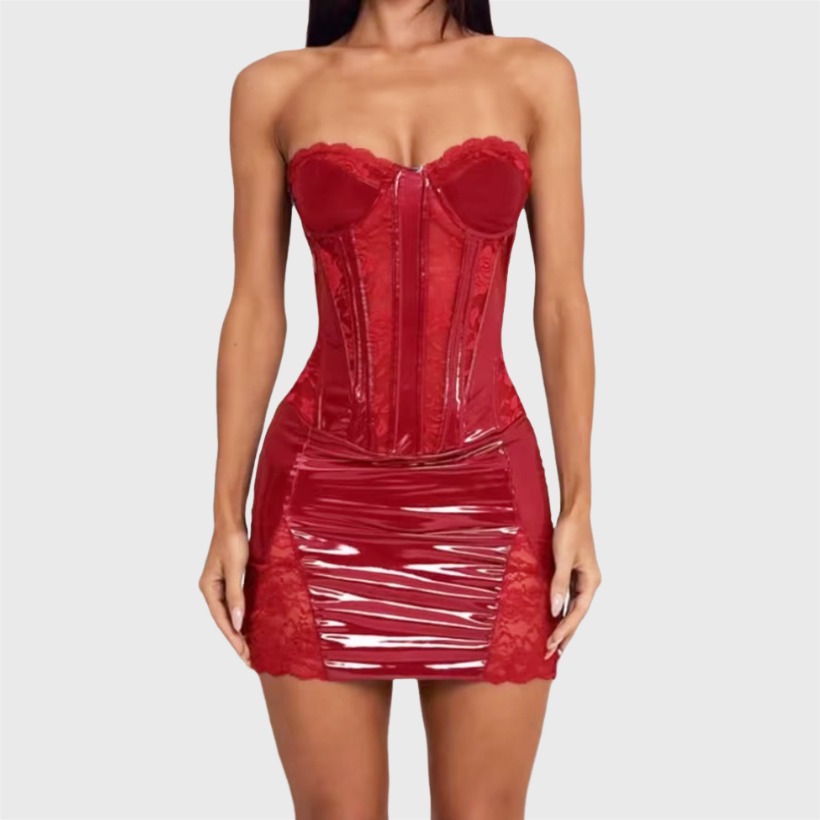 Women Fashion Outfits - Ellolace Tempted Lingeries Modisches trägerloses Leder-Mesh-Patchwork-Minikleid