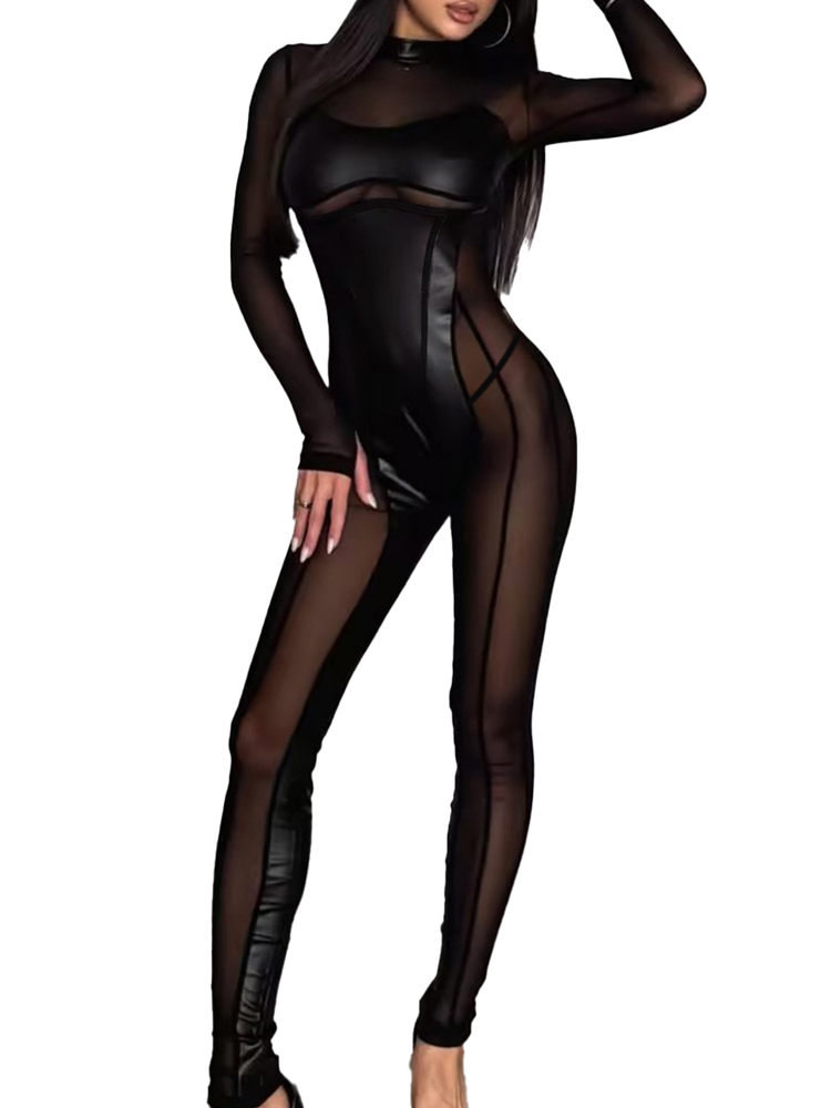 Women Fashion Outfits - Modischer Netzstoff-Jumpsuit mit Reißverschluss am Rücken
