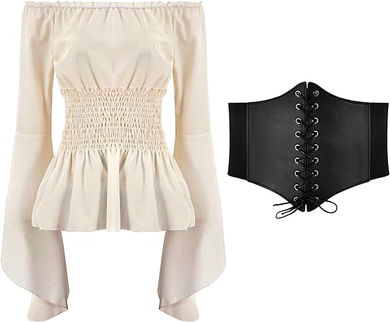 Belted Shirt Dress - Damen Renaissance Bluse Tops Korsett Schwarzer