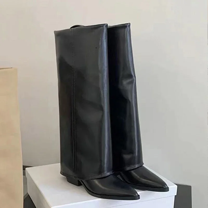 Women'S Fashion Leather Boots - Damenstiefel Kniehoch mit Absatz Leder Chunky