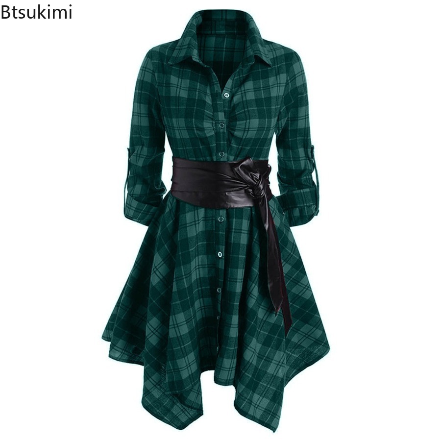 Belted Shirt Dress - Frauen Herbst Winter Unregelmäßige Rote Revers