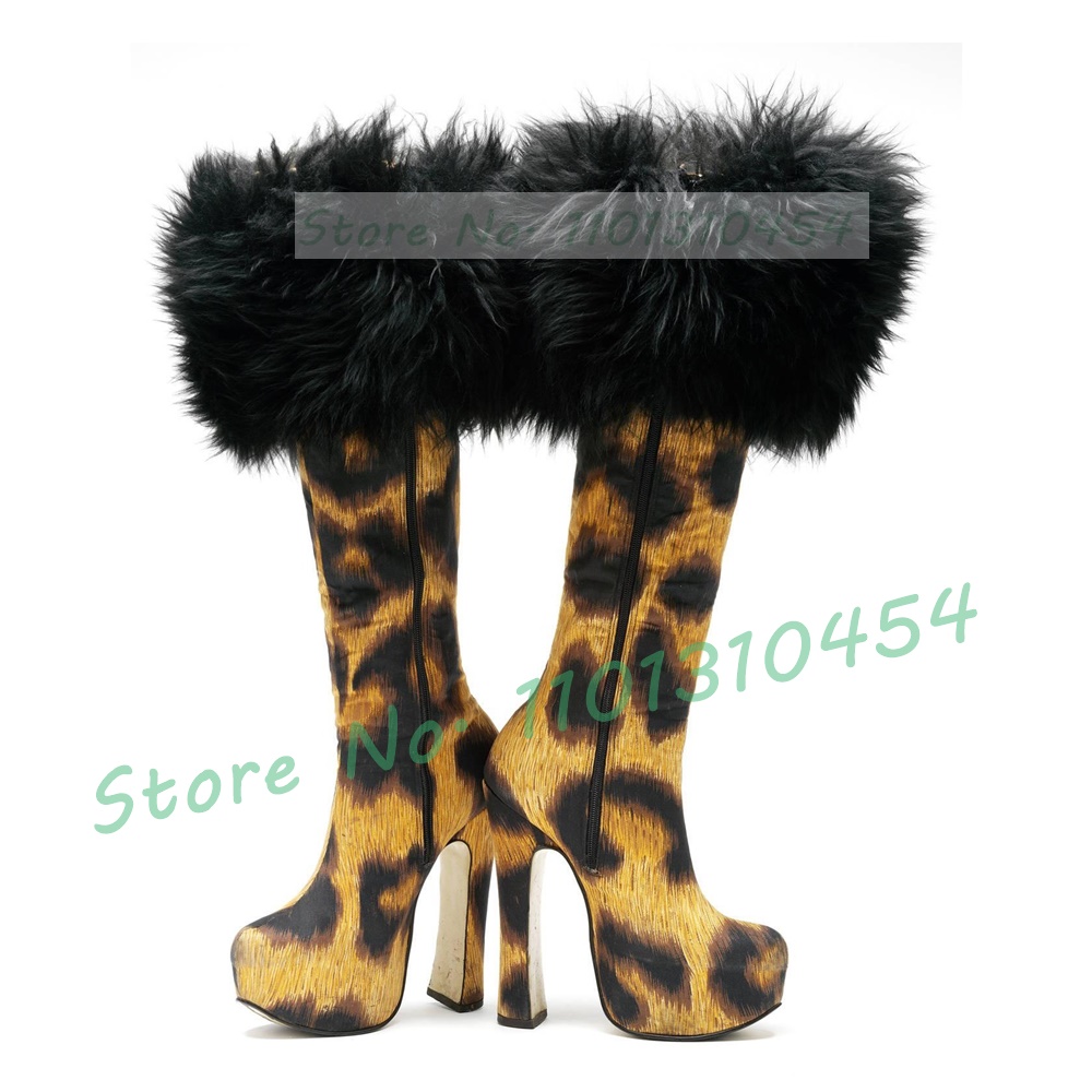 Women Fashion Show - Leopardenmuster Pelzbesatz Plattform Herbststiefel Damen Runde